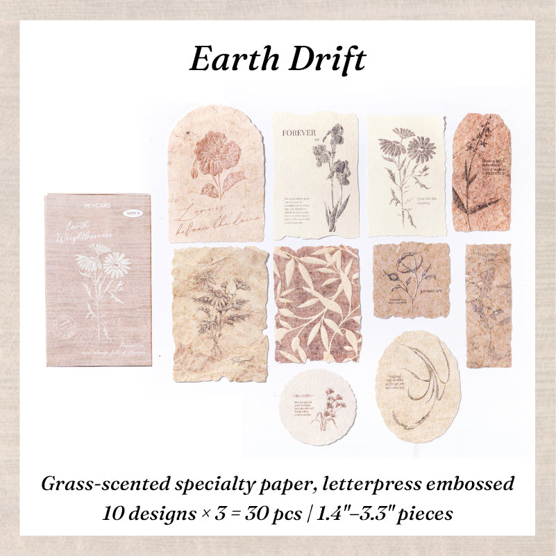Warm earth-tone embossed botanical paper stickers with dried flower letterpress prints for vintage scrapbook collage