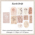 Warm earth-tone embossed botanical paper stickers with dried flower letterpress prints for vintage scrapbook collage