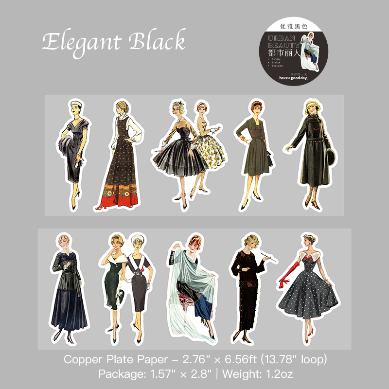 Elegant black dress vintage fashion girl stickers for sophisticated journaling and crafts
