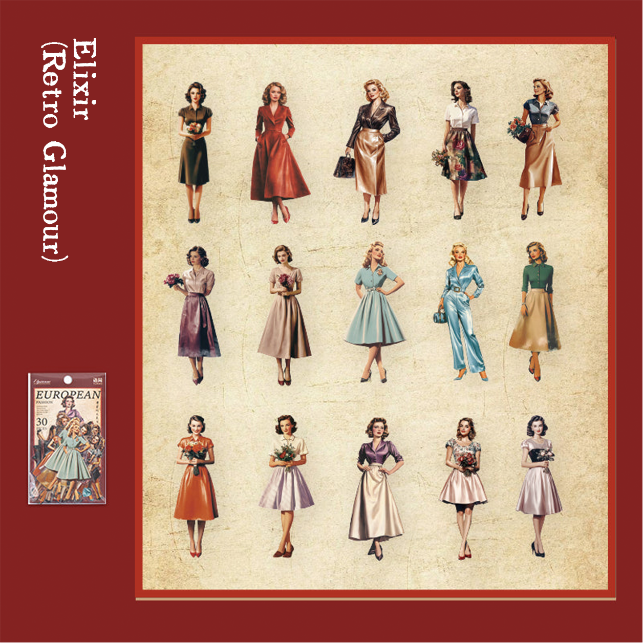 Elixir retro glamour fashion portrait stickers for vintage collage art