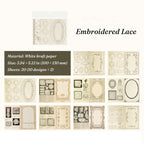 Vintage embroidered lace memo pad with antique sewing patterns and Victorian illustrations for journaling