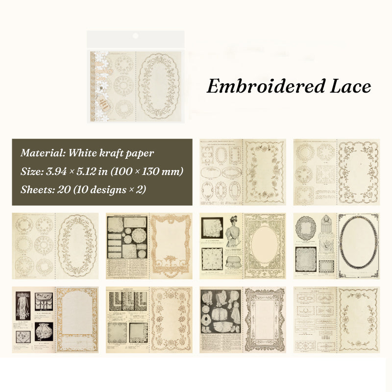 Vintage embroidered lace memo pad with antique sewing patterns and Victorian illustrations for journaling