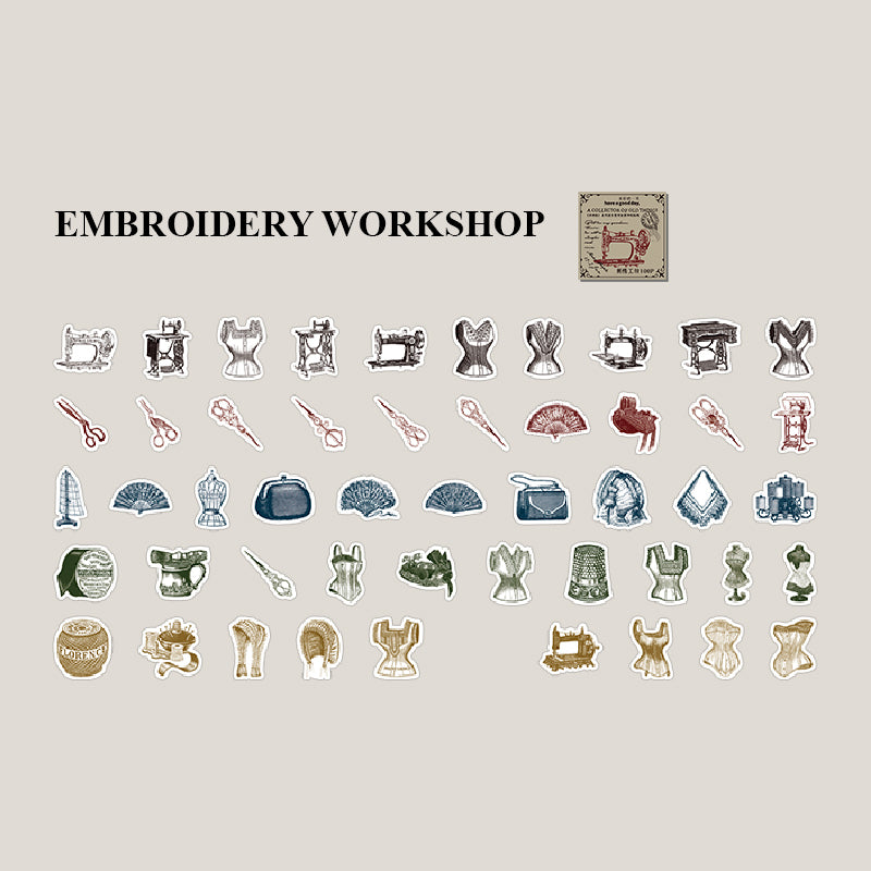 Embroidery workshop vintage stickers - retro craft theme