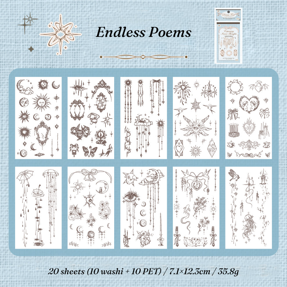 Endless Poems blue sticker book flat lay showing all 20 PET and washi sheets