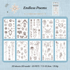 Endless Poems blue sticker book flat lay showing all 20 PET and washi sheets