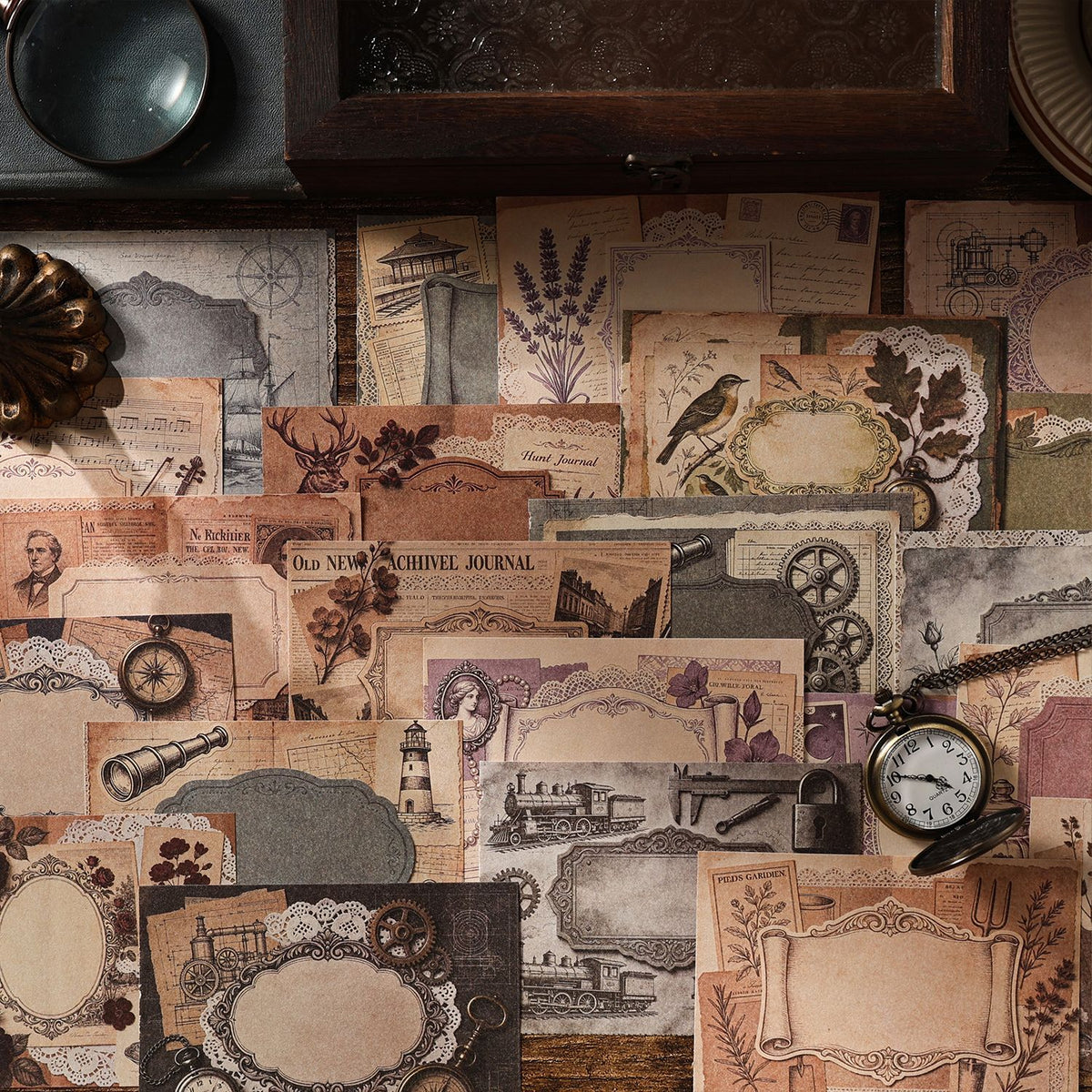 Vintage paper packs displayed on a shelf with clock and props