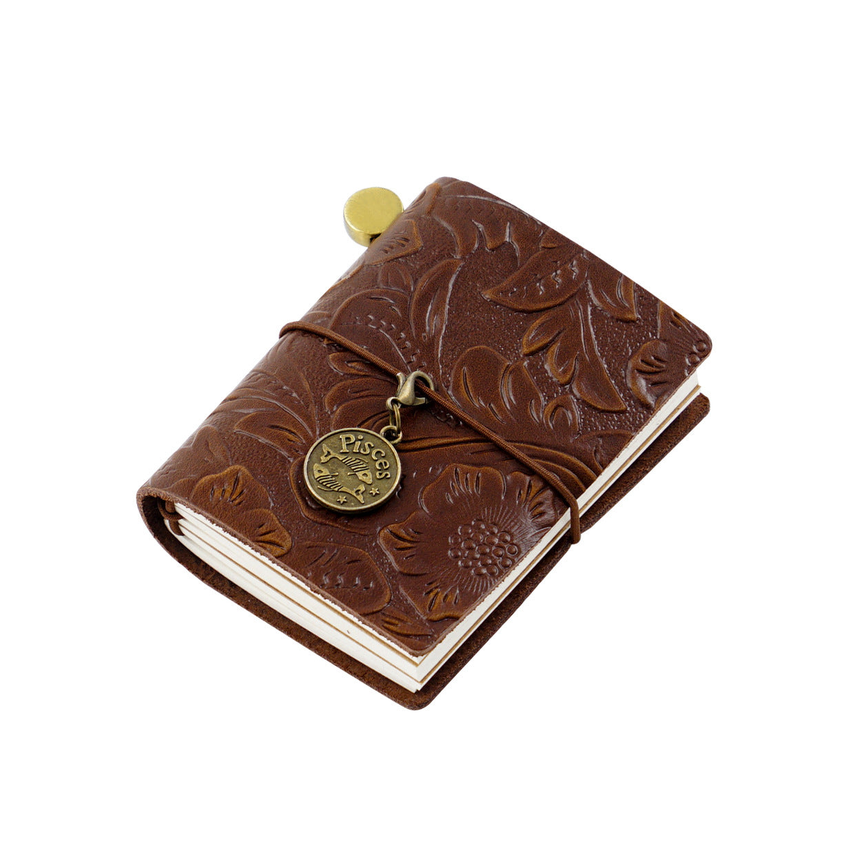Espresso Brown embossed faux leather mini journal with bronze Pisces zodiac charm by Paperlooms