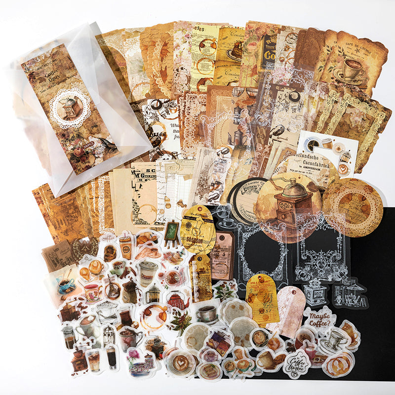 Coffee stained vintage paper and stickers espresso theme scrapbook kit