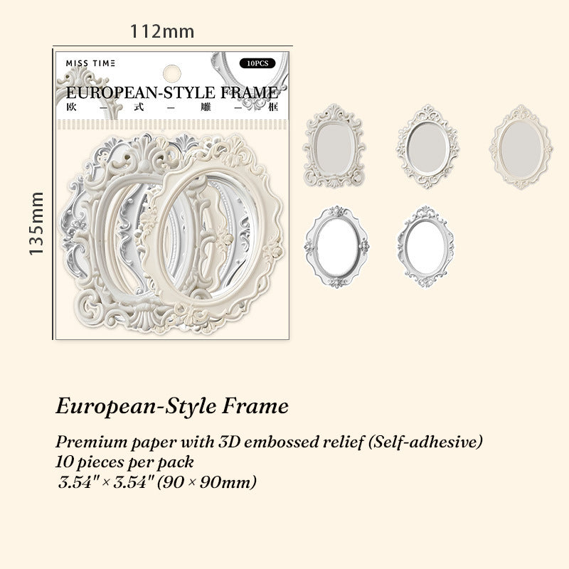 European-Style Frame 3D embossed white oval frame stickers with floral relief for classic journal spreads