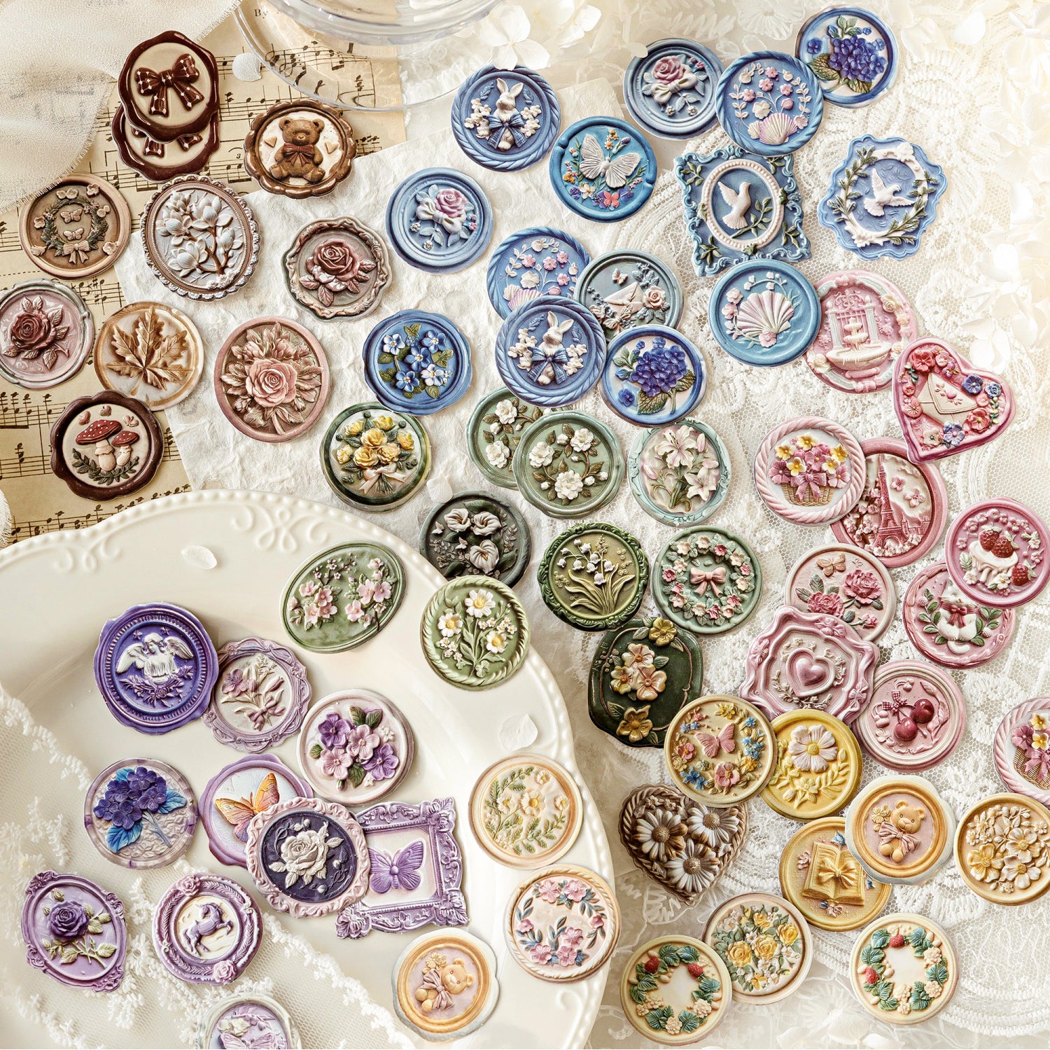 Vintage wax seal stickers detail view - premium quality floral designs