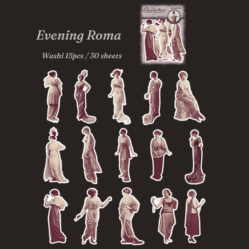 Classical draped gown stickers in warm sepia tones, featuring Grecian-style figures with die-cut white edges on dark background.