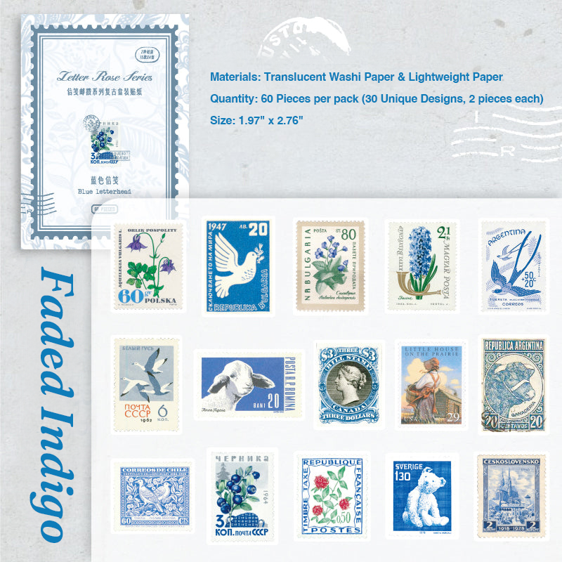 Faded indigo blue retro postal stickers for color curated scrapbooking