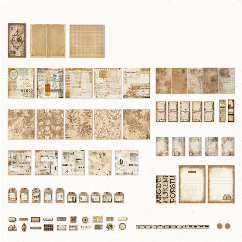 Variant image for the Faded Begonia style of the 153-piece vintage junk journal kit. Displays a detailed layout of the hardcover notebook, antique ephemera, and aesthetic stickers included in this specific set.