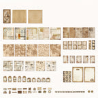 Variant image for the Faded Begonia style of the 153-piece vintage junk journal kit. Displays a detailed layout of the hardcover notebook, antique ephemera, and aesthetic stickers included in this specific set.