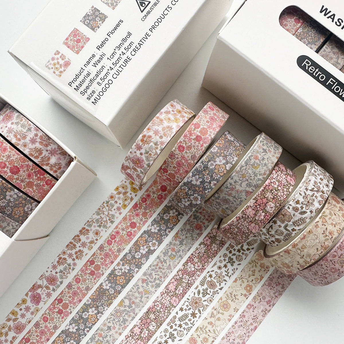 Variant image for the Faded Blossoms vintage slim washi tape set. Includes 8 rolls of dusty pink floral and botanical masking tape, designed for Cottagecore junk journals.