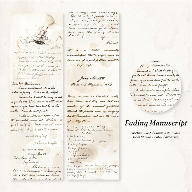 Fading Manuscript washi tape with old love letters Jane Austen handwriting and vintage sailboat illustrations