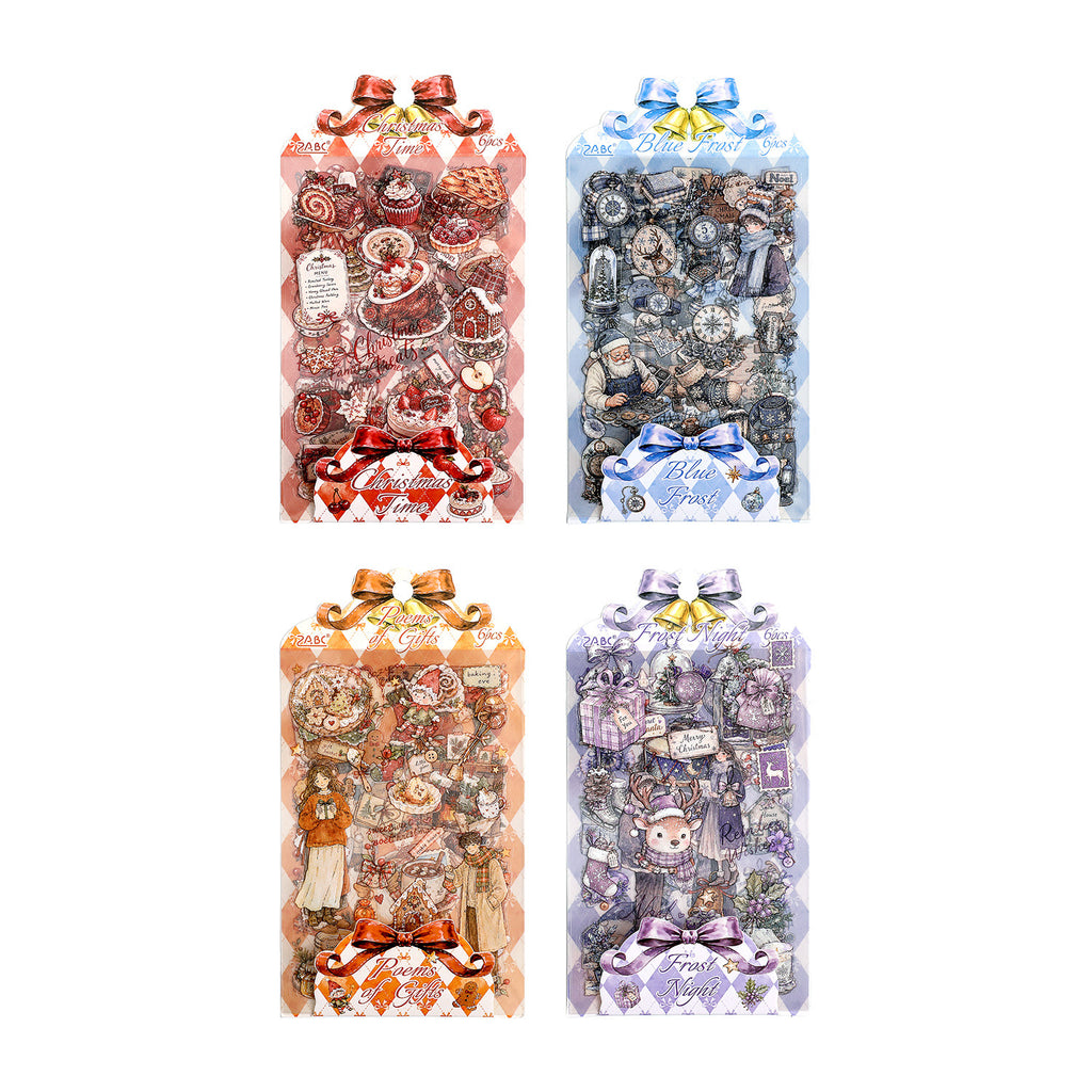 Four Christmas sticker pack covers in a grid - red, gold, blue and violet designs
