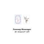 Faraway Messenger wood stamp with stamped impression of a winged envelope