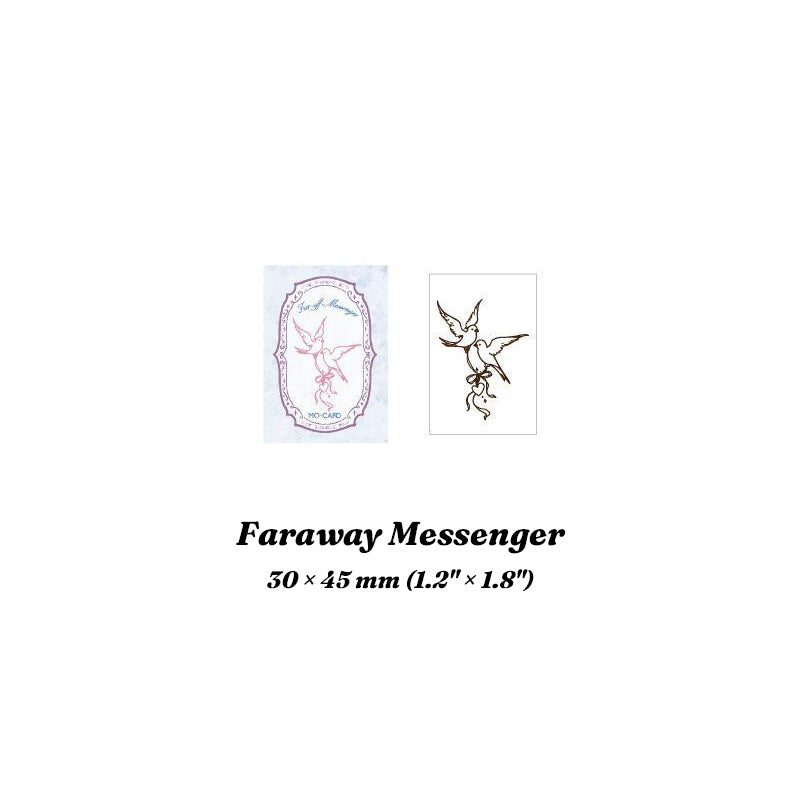 Faraway Messenger wood stamp with stamped impression of a winged envelope