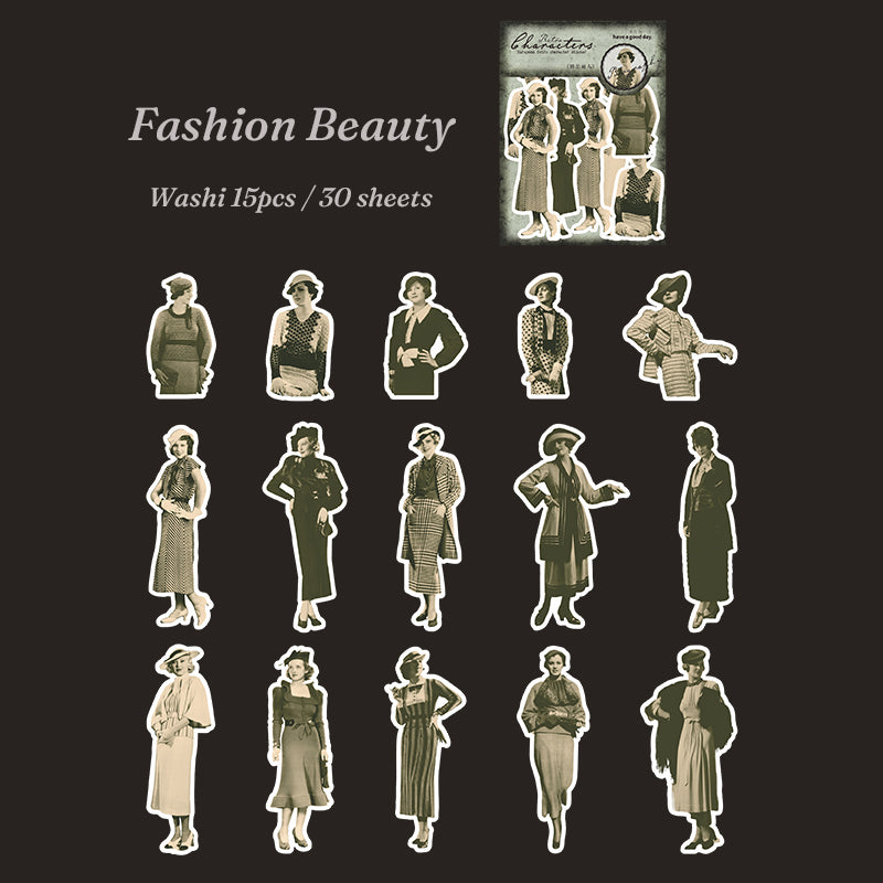 Olive-toned vintage fashion lady stickers with short hairstyles and 1920s attire, die-cut with white borders on dark background.