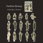 Olive-toned vintage fashion lady stickers with short hairstyles and 1920s attire, die-cut with white borders on dark background.