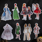 Close-up of vintage fashion girl washi tape stickers showing urban beauty designs for scrapbooking
