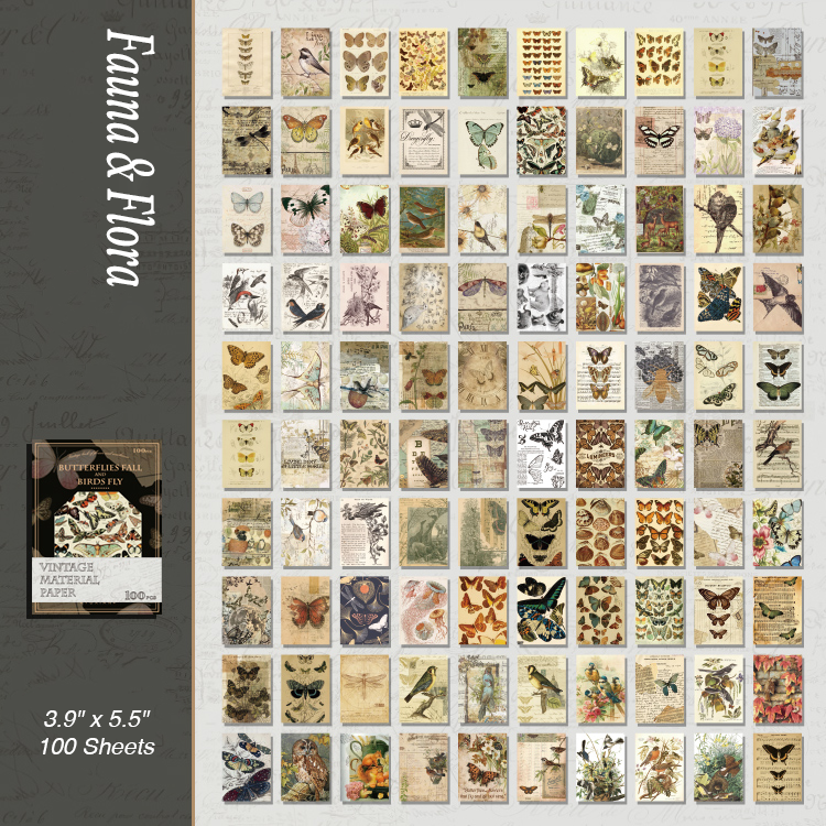 Retro butterfly and bird nature ephemera paper for wildlife theme journaling