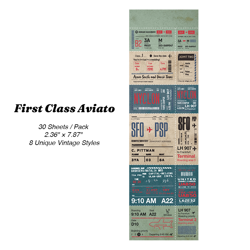 Airmail style boarding pass sticker first class aviator blue for travel log