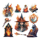 Flame Witch stickers — fire-haired witch, burning grimoire and ember motifs, 20 pieces