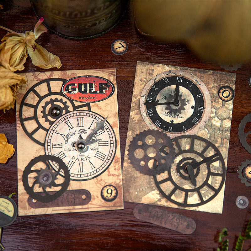 Overhead flat lay view of complete collection of Victorian mechanical clock and rusty cog illustrations on thick paper