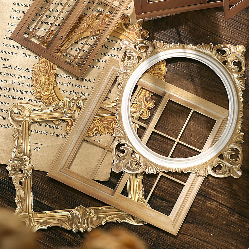 "Close-up of vintage frame window stickers - ornate decorative borders for glass and mirrors"