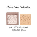 Floral print romantic background wooden stamp, scattered wildflower rubber face on flat beech wood block for journal layering.