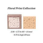 Floral print romantic background wooden stamp, scattered wildflower rubber face on flat beech wood block for journal layering.