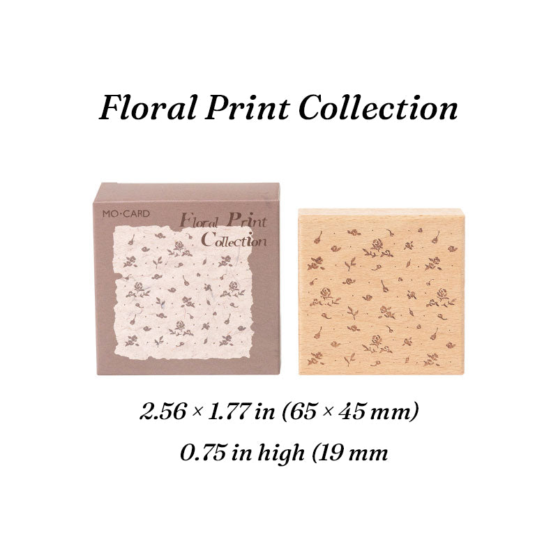 Floral print romantic background wooden stamp, scattered wildflower rubber face on flat beech wood block for journal layering.