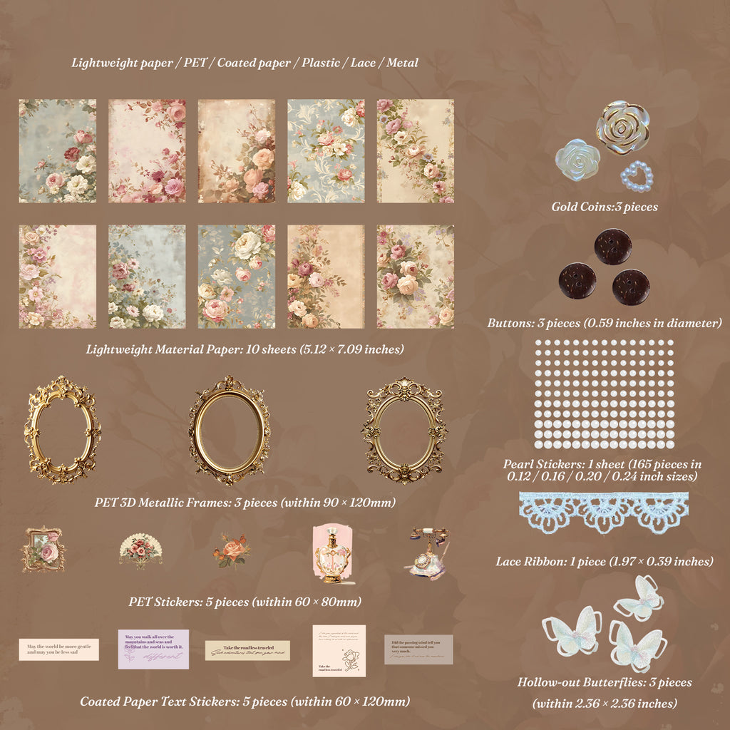 Floral Sea vintage collage kit contents - 10 pink and blue floral art papers, 3 gold PET frames, rose PET stickers, pearl stickers, white lace and butterflies