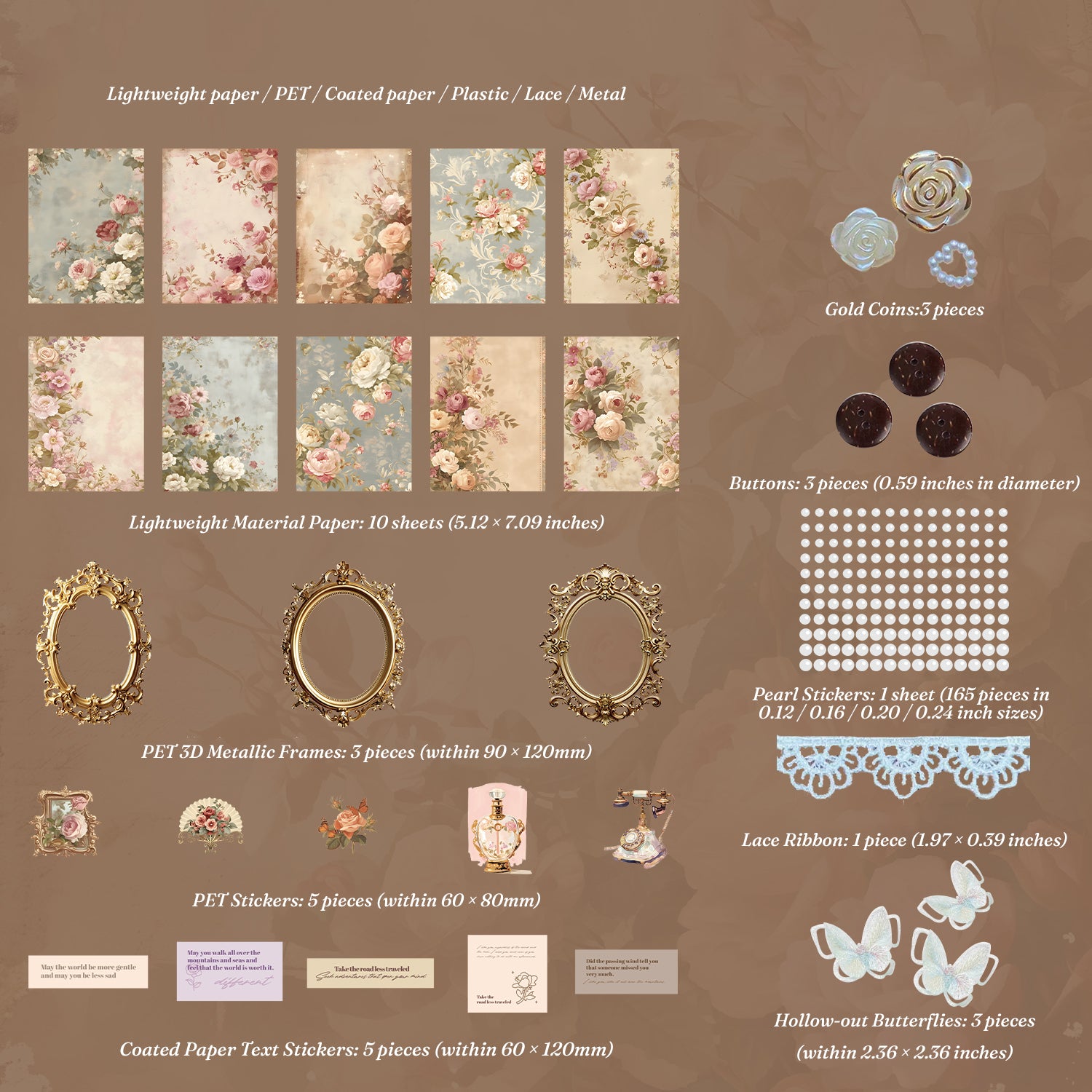 Floral Sea vintage collage kit contents - 10 pink and blue floral art papers, 3 gold PET frames, rose PET stickers, pearl stickers, white lace and butterflies