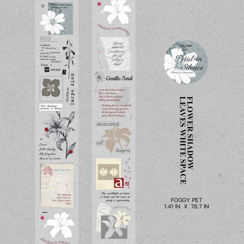 Flower Shadow Leaves White Space pattern - matte PET washi tape 36mm x 2m