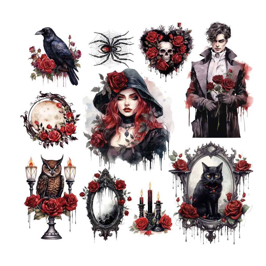 Forbidden Priestess stickers — sacred hearts, roses and dark relics, 20 pieces