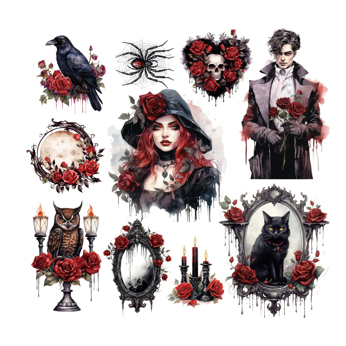 Forbidden Priestess stickers — sacred hearts, roses and dark relics, 20 pieces