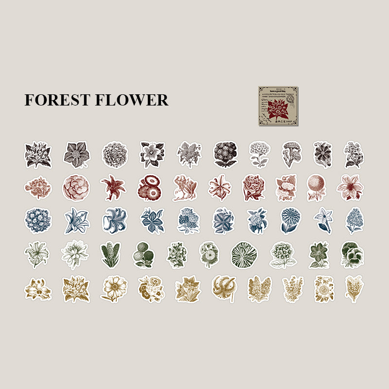 Forest flower vintage sketch stickers - botanical retro design