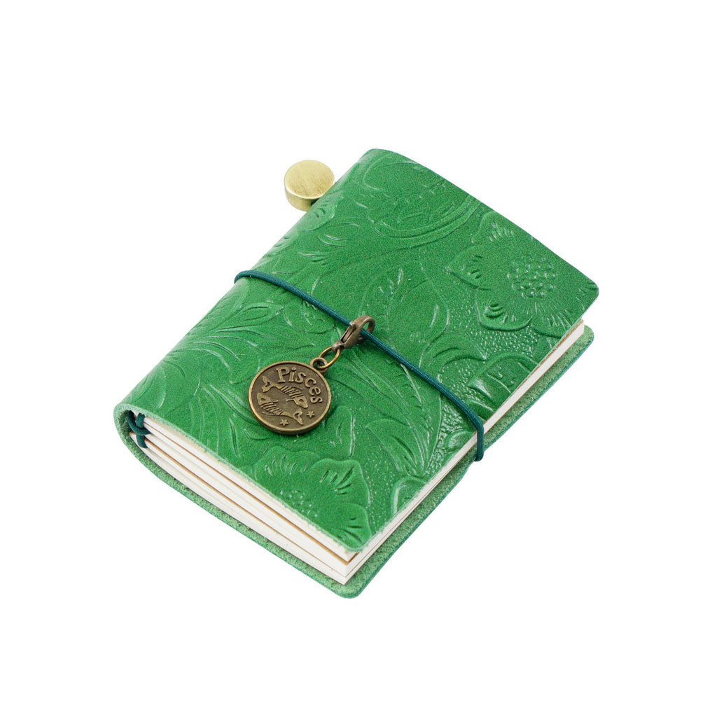 Forest Green embossed faux leather mini journal with bronze Pisces zodiac charm by Paperlooms