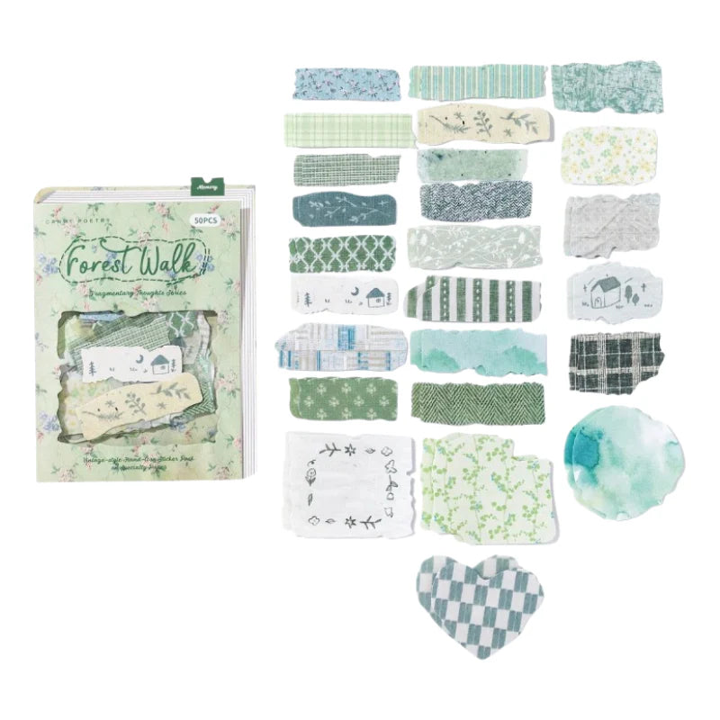 Variant image for the Forest Walk fabric scrap sticker pack. Displays 50 green botanical and nature-themed faux-cloth stickers, perfect for Forest Fae aesthetic scrapbooking.