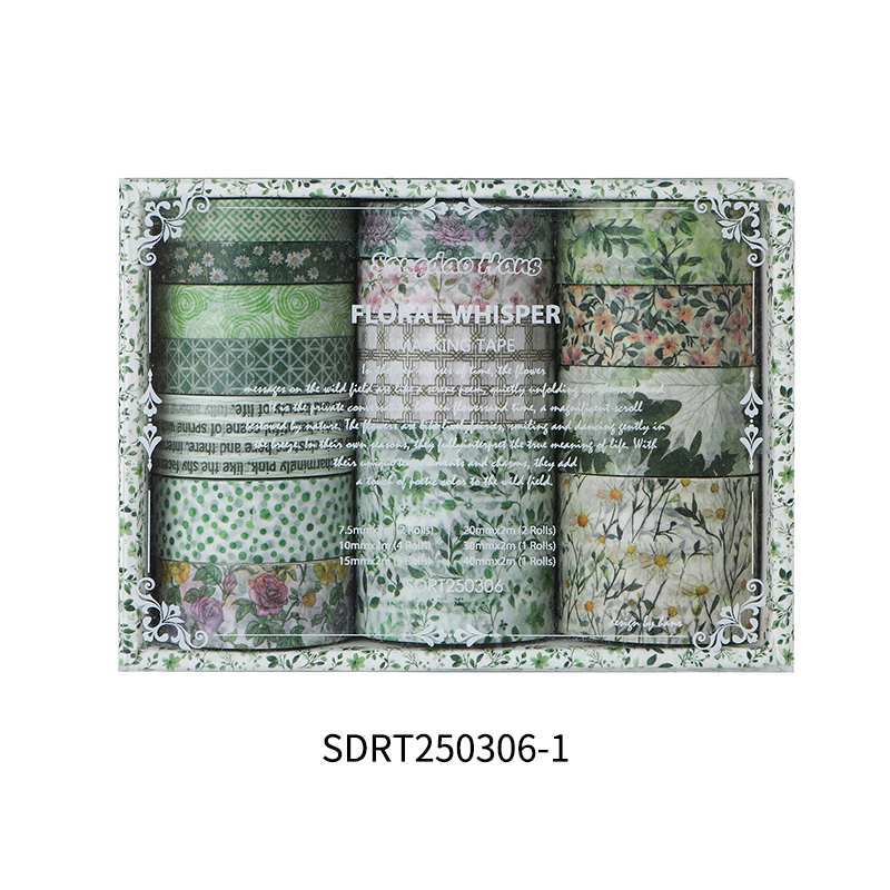 Close-up of Forest Whisper green botanical washi tape rolls, showing vintage leaf and vine patterns in assorted widths from 0.75cm to 4cm