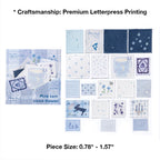 Variant image for the Forget-Me-Not Blue style of the vintage letterpress faux postage stamp ephemera pack. Showcases 20 detailed die-cut stamps in soft blue hues featuring delicate floral and night sky motifs, letterpress printed on premium textured specialty papers.