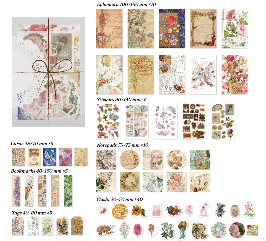 Four Seasons Bloom theme — full layout of floral specimen pieces 