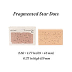 Fragmented star dots romantic background wooden stamp, scattered star rubber face on beech wood block for space journaling.