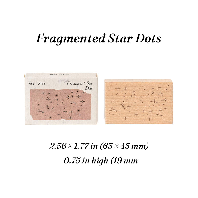 Fragmented star dots romantic background wooden stamp, scattered star rubber face on beech wood block for space journaling.