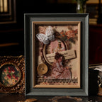 Framed vintage collage art made with the paper kit - reading girl sticker, rose ephemera, white butterfly, pearl accents and lace border