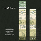 Fresh Roast coffee theme tear-off notepad design showing green vintage cafe receipt and process notes prints on 1.77 x 7.87 inch lightweight paper strip, 50 sheets per pad
