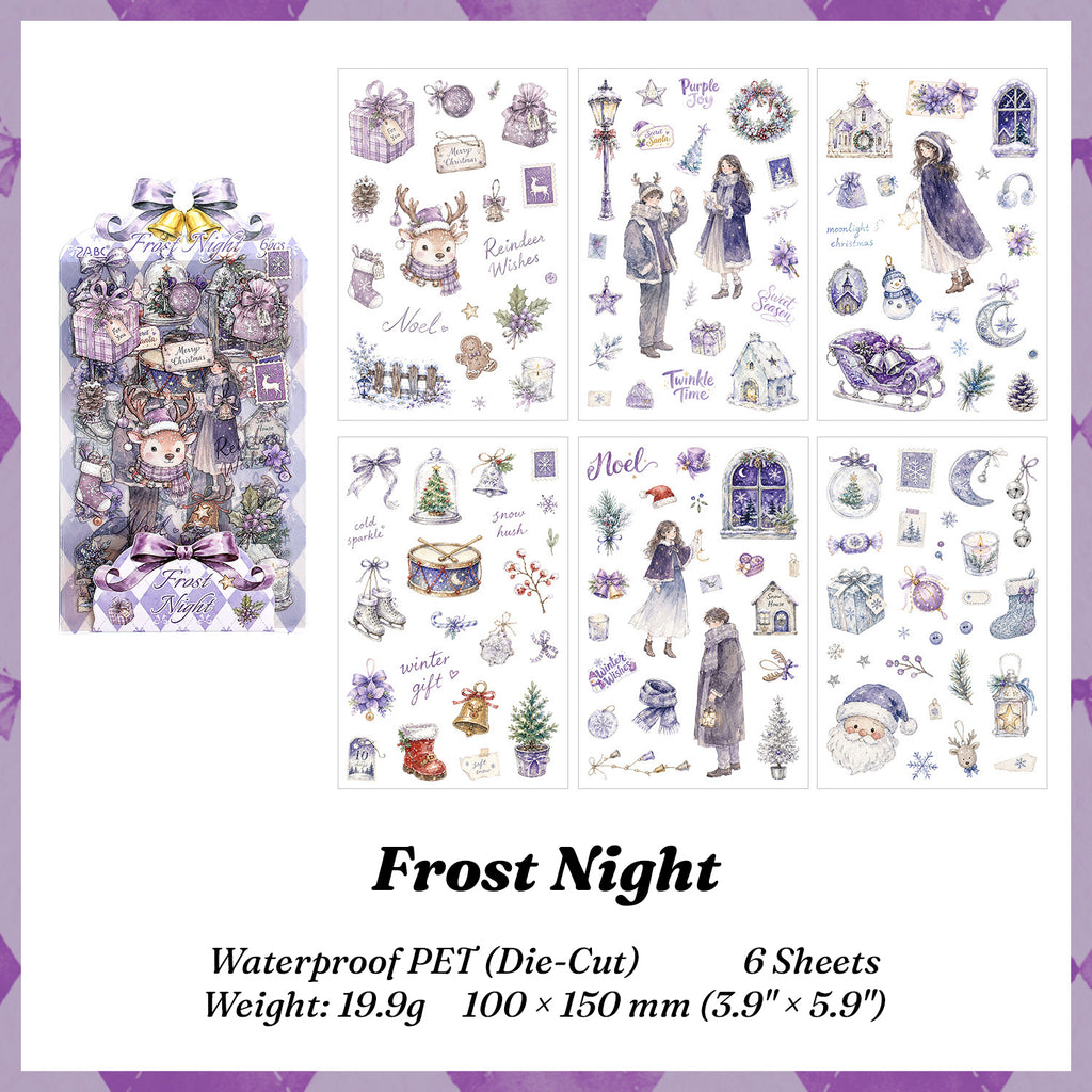 Frost Night sticker pack with 6 die-cut sheets - violet watercolor reindeer, sleighs, moonlit windows and winter gifts